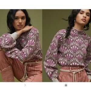 Anthropologie Beatriz Mock Neck Purple and Gray Patterned Sweater